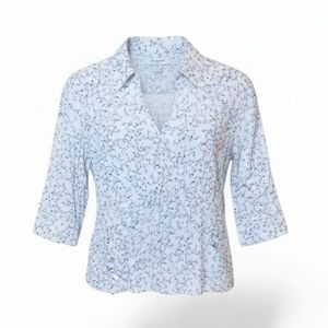 Kaelyn-Max II Plus Size 1X White Floral Print Blouse 3/4 Sleeve Collared Stretch